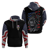 Black pullover hoodie with American flag sleeve panels and hood; skull chest graphic