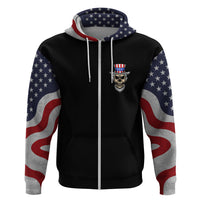 Black zip hoodie with American flag hood lining and sleeves; skull emblem on chest