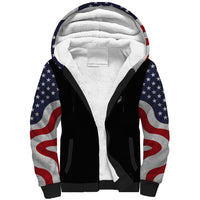 Unisex sherpa hoodie with American flag print sleeves and white sherpa-lined hood