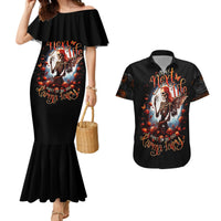 Black off-shoulder mermaid dress and matching black short-sleeve Hawaiian shirt, fairy skull graphic.