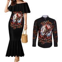 Black fitted mermaid dress with skull fairy print; front of black long-sleeve button shirt