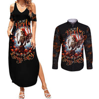 Black sleeveless maxi dress and black long-sleeve button shirt with fairy skull print