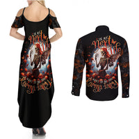 Black off-shoulder maxi dress with fairy skull graphic and side slit hem