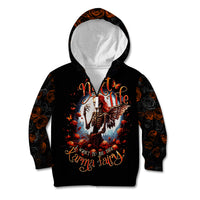 Black pullover hoodie with hood, skeletal fairy graphic with orange text on back