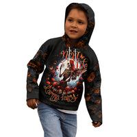 Black pullover hoodie with hood, skeletal fairy and roses graphic on front