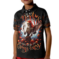 Kids black polo shirt, front print with skeleton fairy, roses and butterfly, polo collar