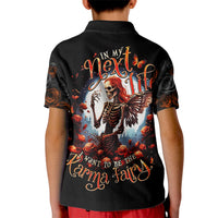 Kids black polo shirt, back graphic with skeleton fairy, roses and butterfly, short sleeves