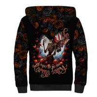 Black sherpa hoodie with rose and skull graphic, front kangaroo pocket