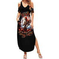 Black women's maxi dress with V neckline, side slit, off-shoulder sleeves, skull fairy print