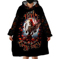 Black wearable blanket hoodie with hood, large front fairy-skeleton artwork