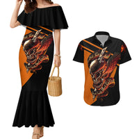Matching mermaid dress and Hawaiian shirt set with black, orange skull wing print