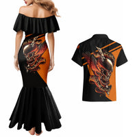 Mermaid maxi dress and Hawaiian shirt with black, orange skull wing print, off-shoulder ruffle