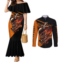 Black mermaid off-shoulder dress and black long-sleeve button shirt with orange skull graphic