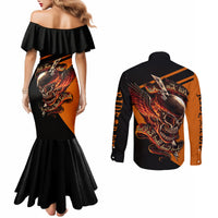 Black mermaid off-shoulder dress and black button shirt with back orange skull graphic