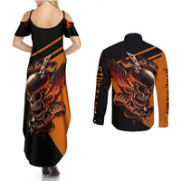 Skull graphic black maxi dress and matching button shirt, back view