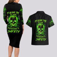 Flame Skull Couples Matching Long Sleeve Bodycon Dress and Hawaiian Shirt My Alone TIme Is For Everyone Safe - Wonder Print Shop