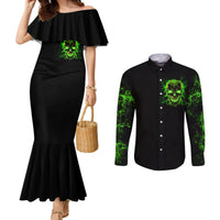 Couples matching mermaid dress and button shirt set, black with green skull front graphics