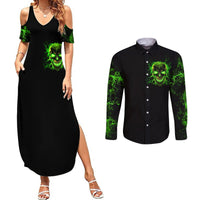 Black skull graphic maxi dress and long-sleeve button shirt set, green flame print