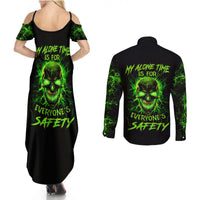 Black skull graphic maxi dress and long-sleeve button shirt set, green flame print