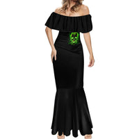 Black off-shoulder mermaid maxi dress with green skull artwork and layered ruffle hem