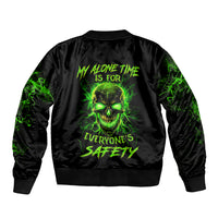 Flame Skull Sleeve Zip Bomber Jacket My Alone TIme Is For Everyone Safe - Wonder Print Shop