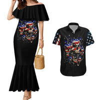 Black off-shoulder mermaid dress and black Hawaiian shirt with skull cowboy graphic