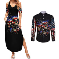 Black skull graphic maxi dress and matching button shirt, front view with American flag sleeves