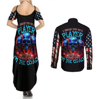 Black skull graphic maxi dress and matching long-sleeve button shirt, both back view