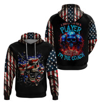 Two black pullover hoodies with American flag sleeves and skull graphics, front views