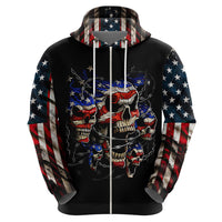 Black pullover hoodie with hood drawstrings and American flag sleeve print, skull graphic centered