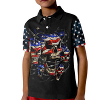Black kid polo shirt with front skull, eagle, and star graphic
