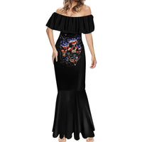 Black off-shoulder mermaid dress with colorful skull print and fitted mermaid hem