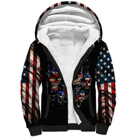 Sherpa-lined black hoodie with US flag skull print, hood open to show white fleece