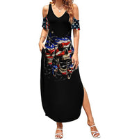 Women’s black V-neck maxi dress with American skull eagle print and star-spangled sleeves