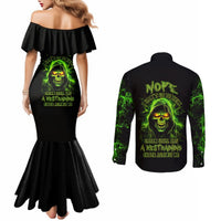 Black off-shoulder mermaid dress and black long-sleeve button shirt, green skull print