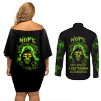Thunder Skull Couples Matching Off Shoulder Short Dress and Long Sleeve Button Shirts Satan Still Has A Restrainning Order Against Me - Wonder Print Shop