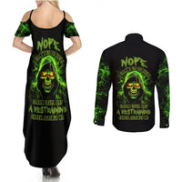 Black maxi dress and long-sleeve button shirt set with neon skull graphic, shirt back view