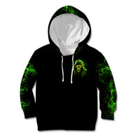 Black zip hoodie with green skull face front print and drawstring hood