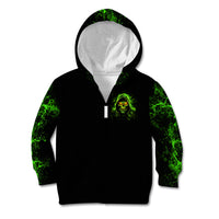 Black zip hoodie front view with green skull face and zipper