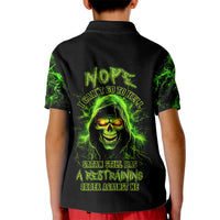 Kid's black polo shirt with neon green skull graphic on back