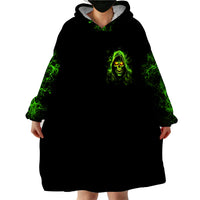 Black wearable blanket hoodie, green skull print, oversized hood and front pocket