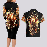 Fire Skull Couples Matching Long Sleeve Bodycon Dress and Hawaiian Shirt Flame SKull Ride Or Die - Wonder Print Shop