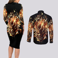 Fire Skull Couples Matching Long Sleeve Bodycon Dress and Long Sleeve Button Shirts Flame SKull Ride Or Die - Wonder Print Shop