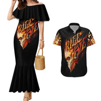 Black fire skull mermaid dress and Hawaiian shirt set: off-shoulder ruffle and collared button shirt