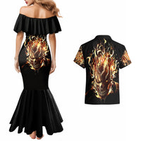 Black fire skull mermaid dress and Hawaiian shirt set, flame skull print and off-shoulder ruffle