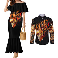 Black mermaid dress with off-shoulder ruffle and flame skull print; long-sleeve button shirt set