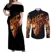 Fire Skull Couples Matching Off Shoulder Maxi Dress and Long Sleeve Button Shirts Flame SKull Ride Or Die - Wonder Print Shop