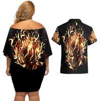 Fire Skull Couples Matching Off Shoulder Short Dress and Hawaiian Shirt Flame SKull Ride Or Die - Wonder Print Shop