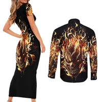 Fire Skull Couples Matching Short Sleeve Bodycon Dress and Long Sleeve Button Shirts Flame SKull Ride Or Die - Wonder Print Shop