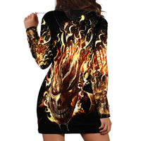 Black hoodie dress with flame skull graphic on back, hooded long sleeves